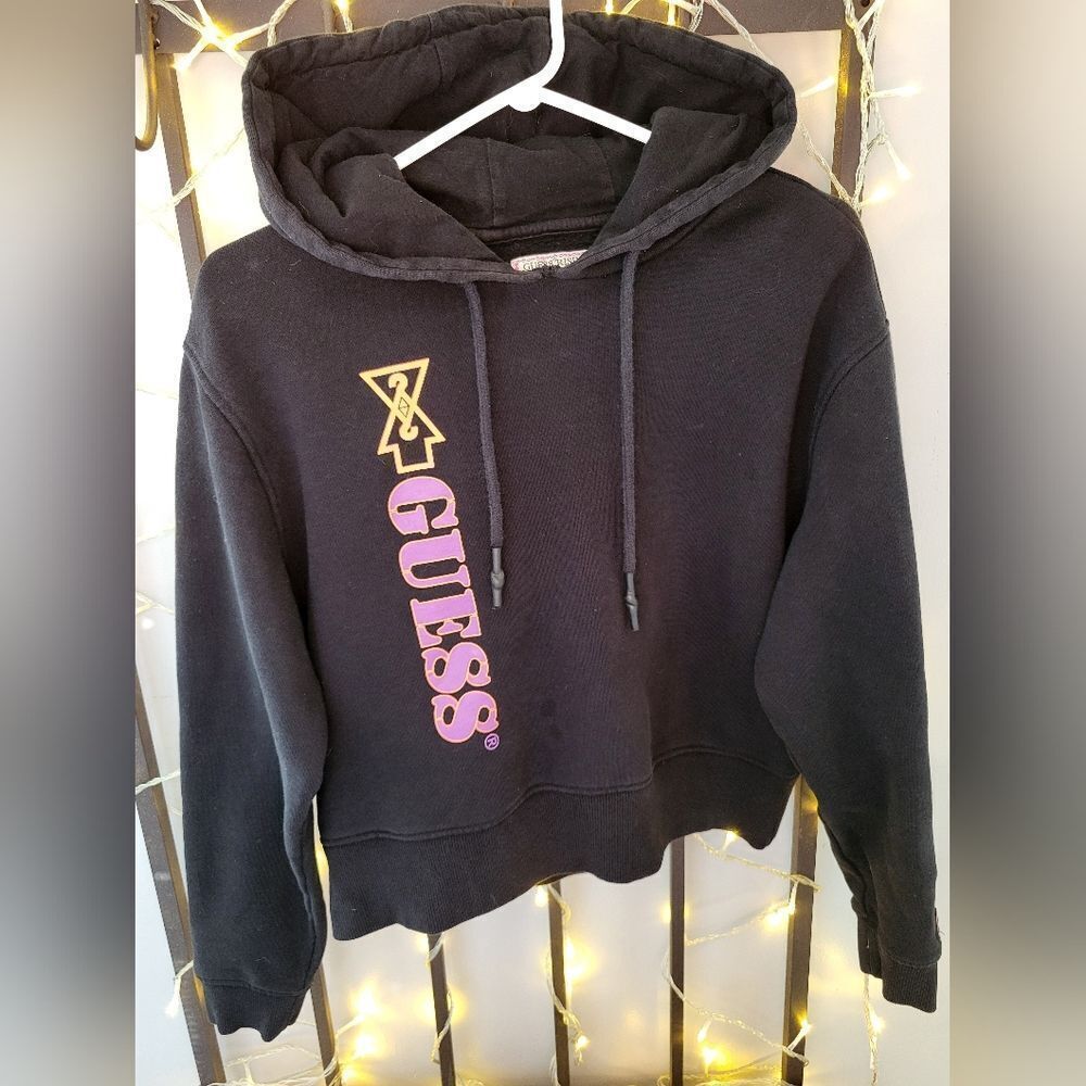 GUESS 88Rising Black and Pink Cropped Sweater Hoodie, size M
